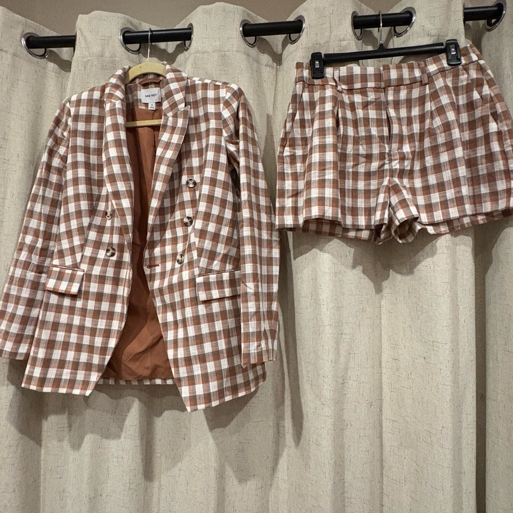 Nine West Tan and White Plaid Blazer and shorts set